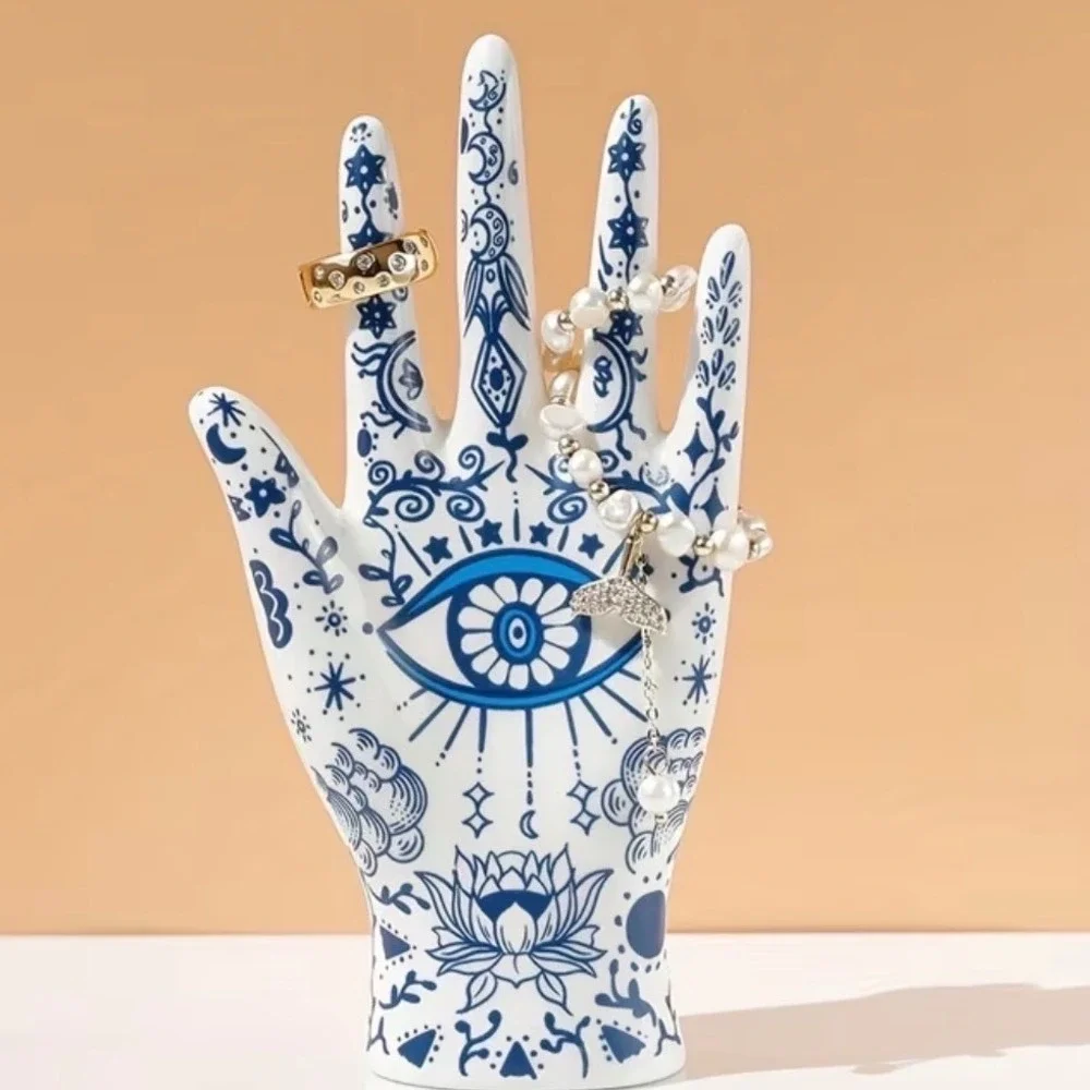 Hamsa Jewelry Display Hand Blue/White Evil Eye Celestial NWT